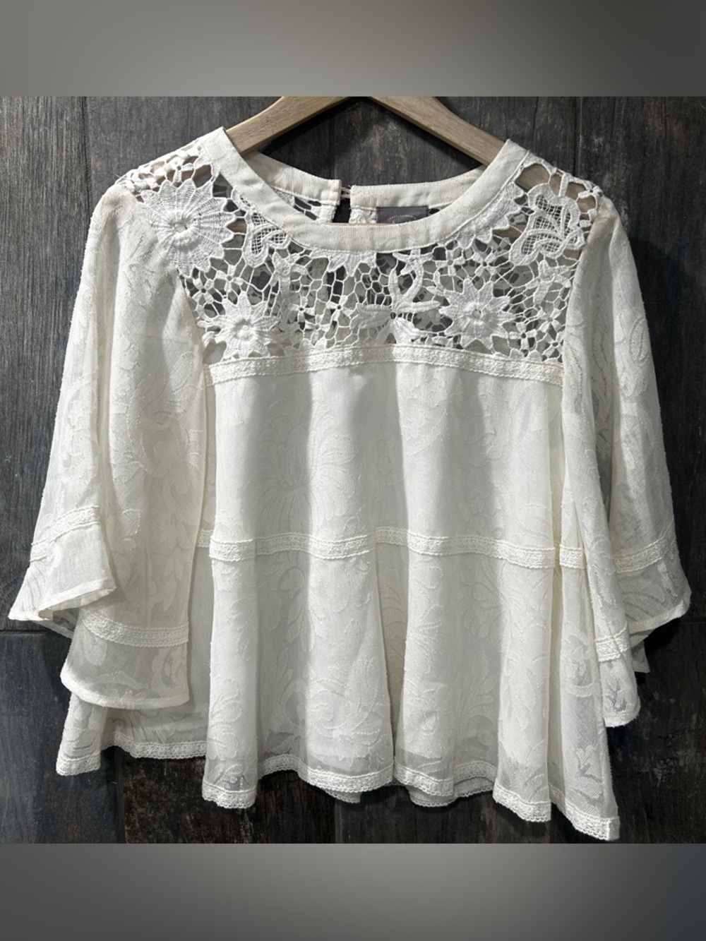Anthropologie Cream Crochet Yoke Tiered Blouse